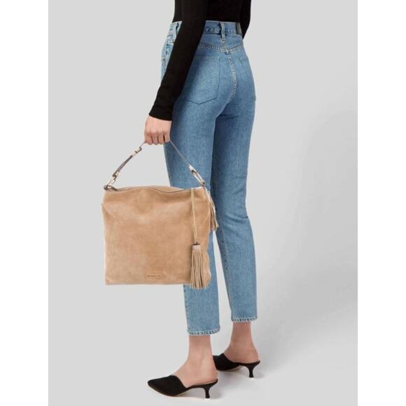 Michael Kors "Elyse" Soft Suede Large Shoulder Bag in Color Dune with Tassels - Picture 2 of 15